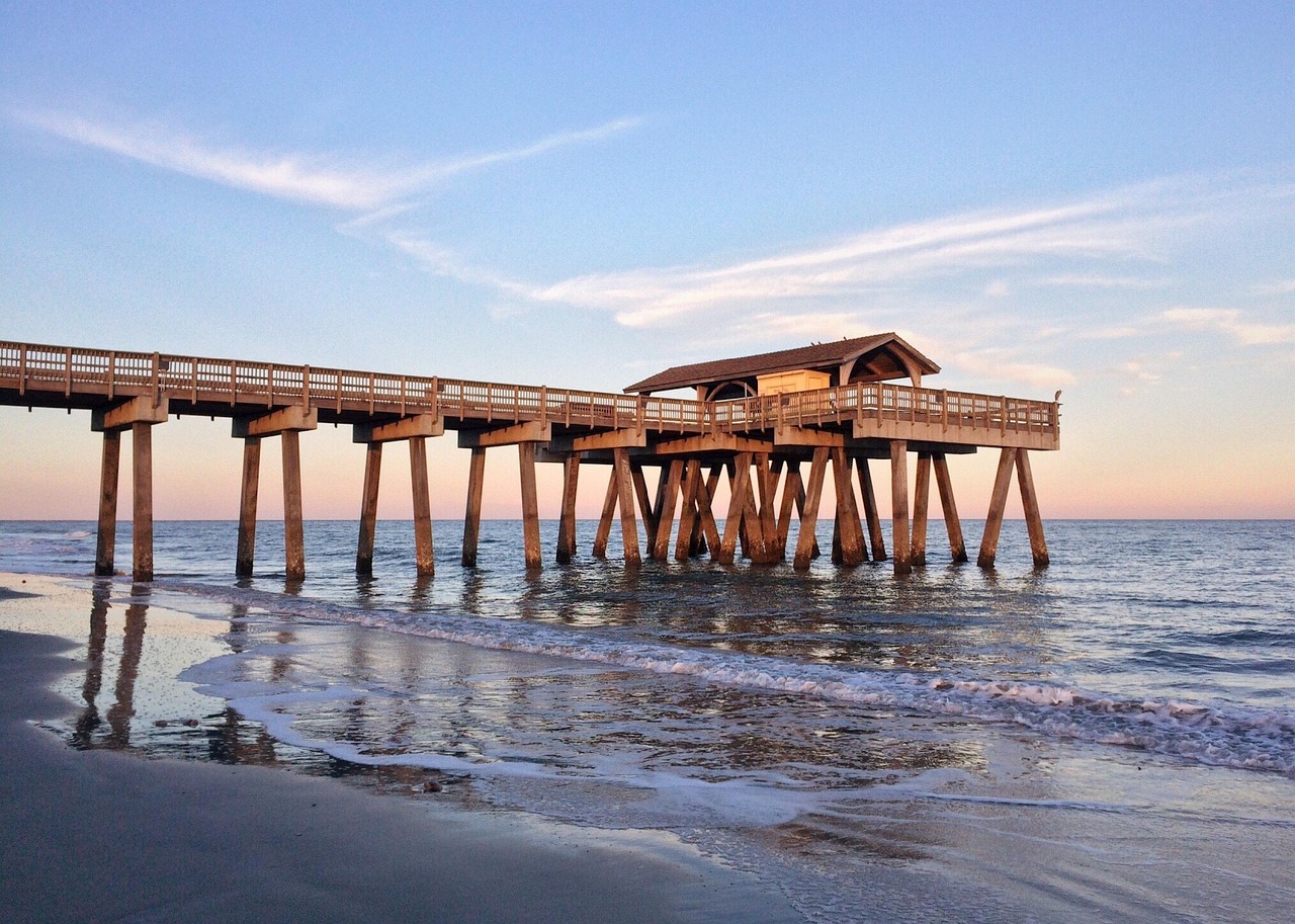 pier beach, ocean, nature, water, coast tybee island, georgia